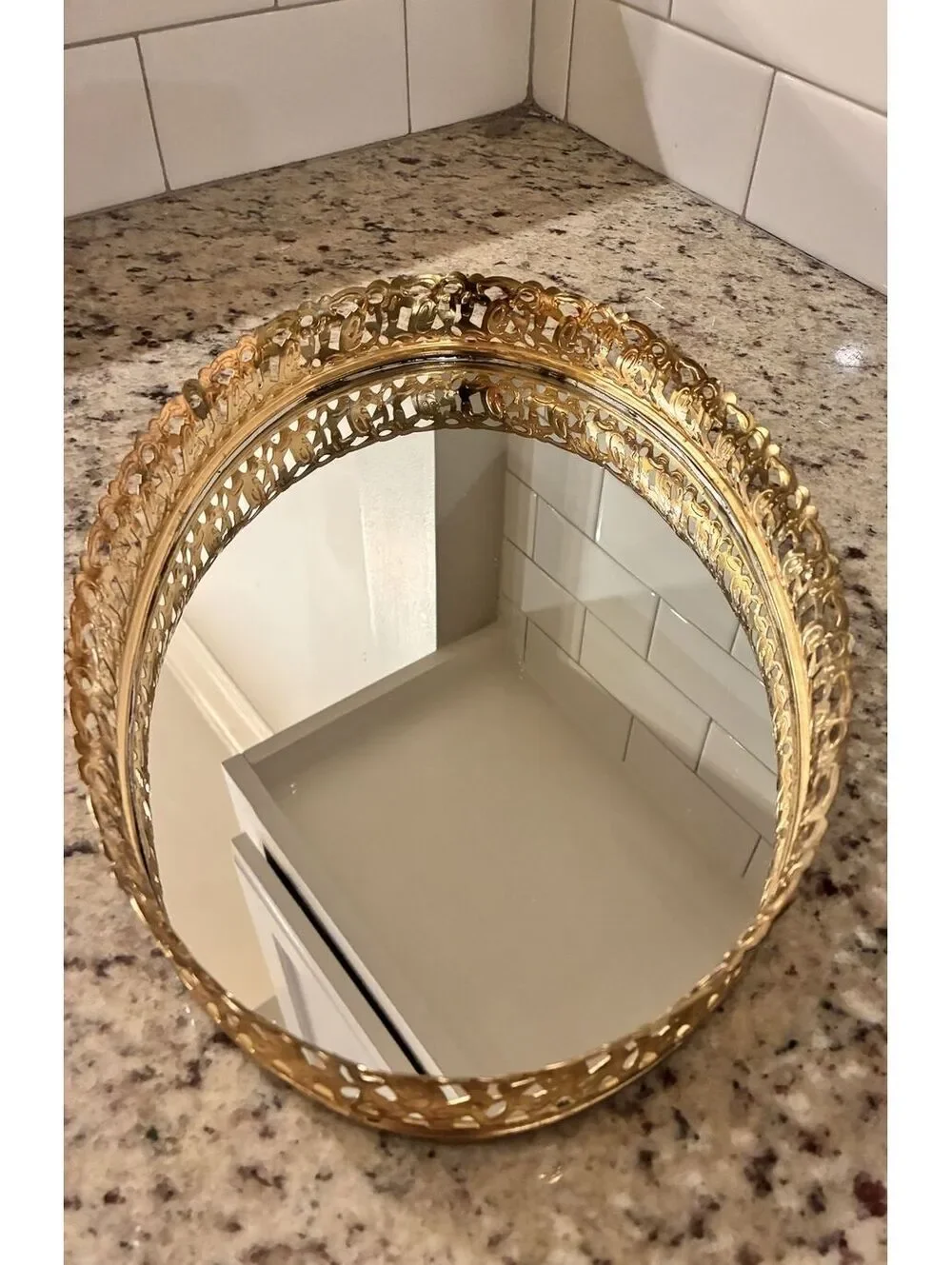 Vintage Gold Tone Decorative Oval Mirror Tray